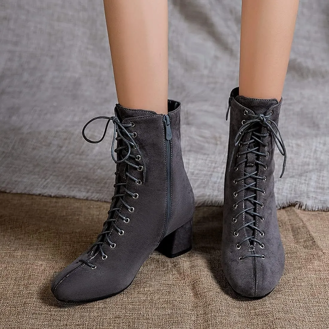 VOKLIN Women's Square Toe Lace Up Dressy Ankle Boots Side Zipper Block Mid Heel Elegant Dress Short Booties