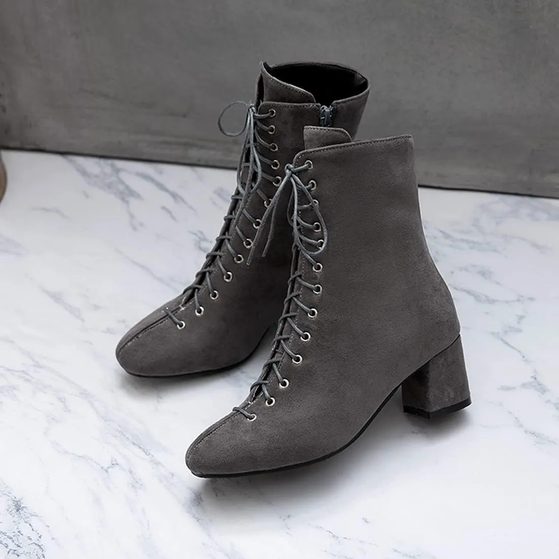 VOKLIN Women's Square Toe Lace Up Dressy Ankle Boots Side Zipper Block Mid Heel Elegant Dress Short Booties