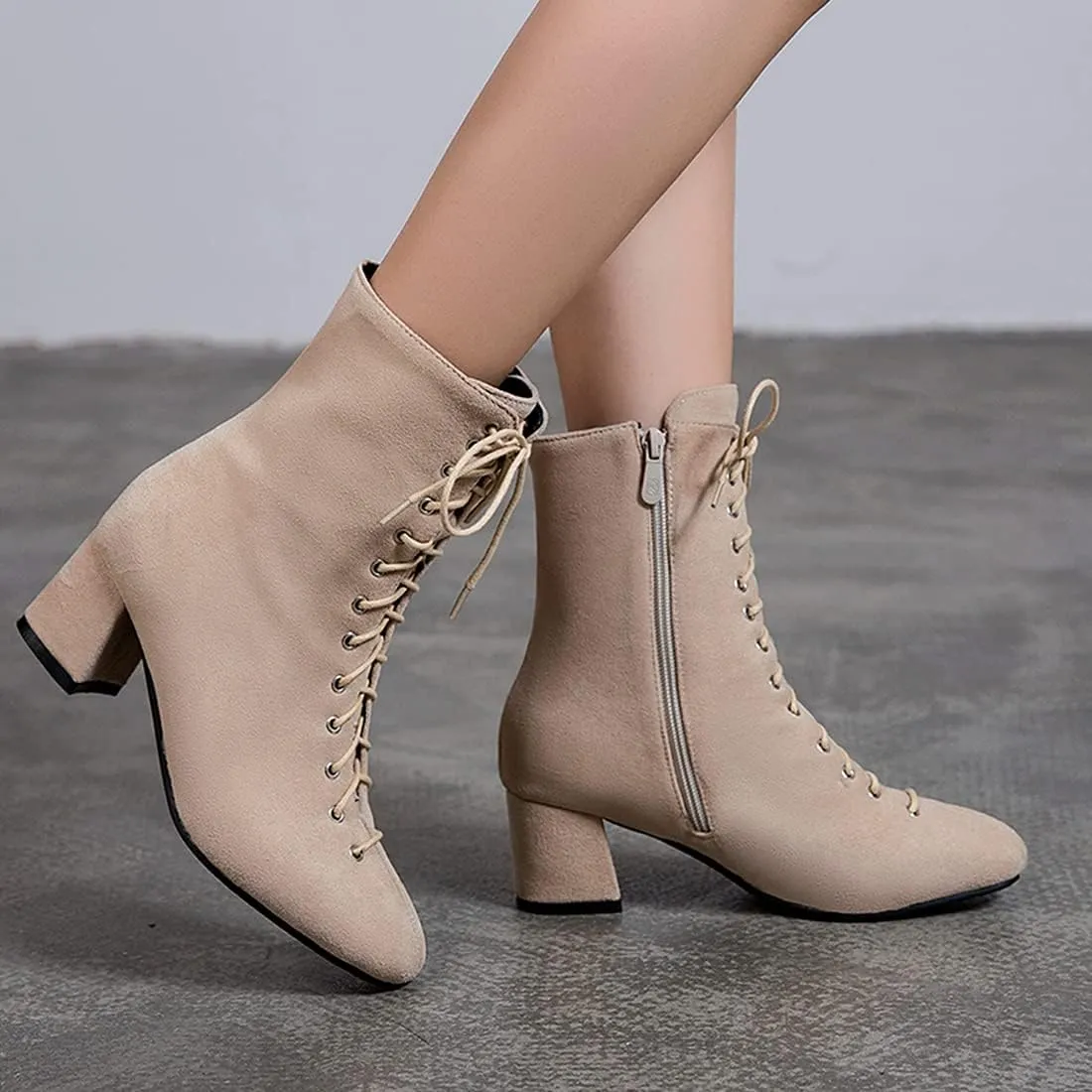 VOKLIN Women's Square Toe Lace Up Dressy Ankle Boots Side Zipper Block Mid Heel Elegant Dress Short Booties