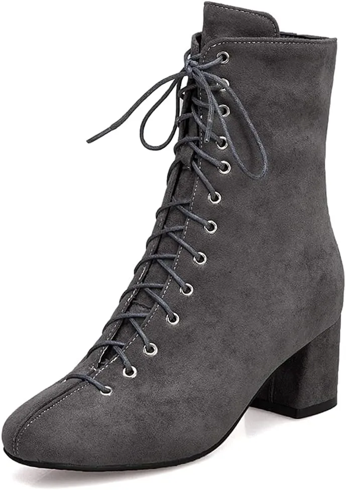 VOKLIN Women's Square Toe Lace Up Dressy Ankle Boots Side Zipper Block Mid Heel Elegant Dress Short Booties