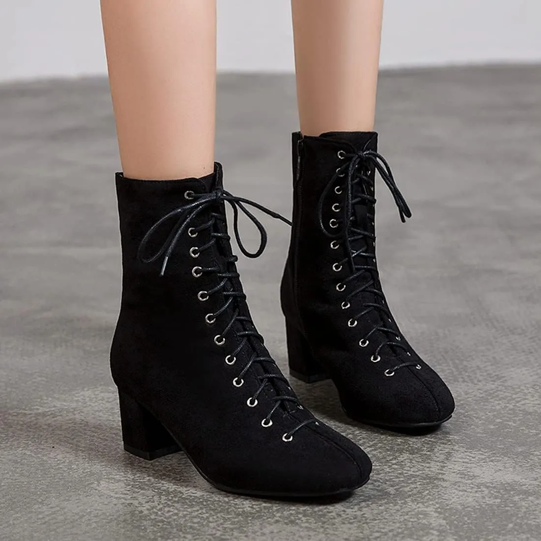 VOKLIN Women's Square Toe Lace Up Dressy Ankle Boots Side Zipper Block Mid Heel Elegant Dress Short Booties