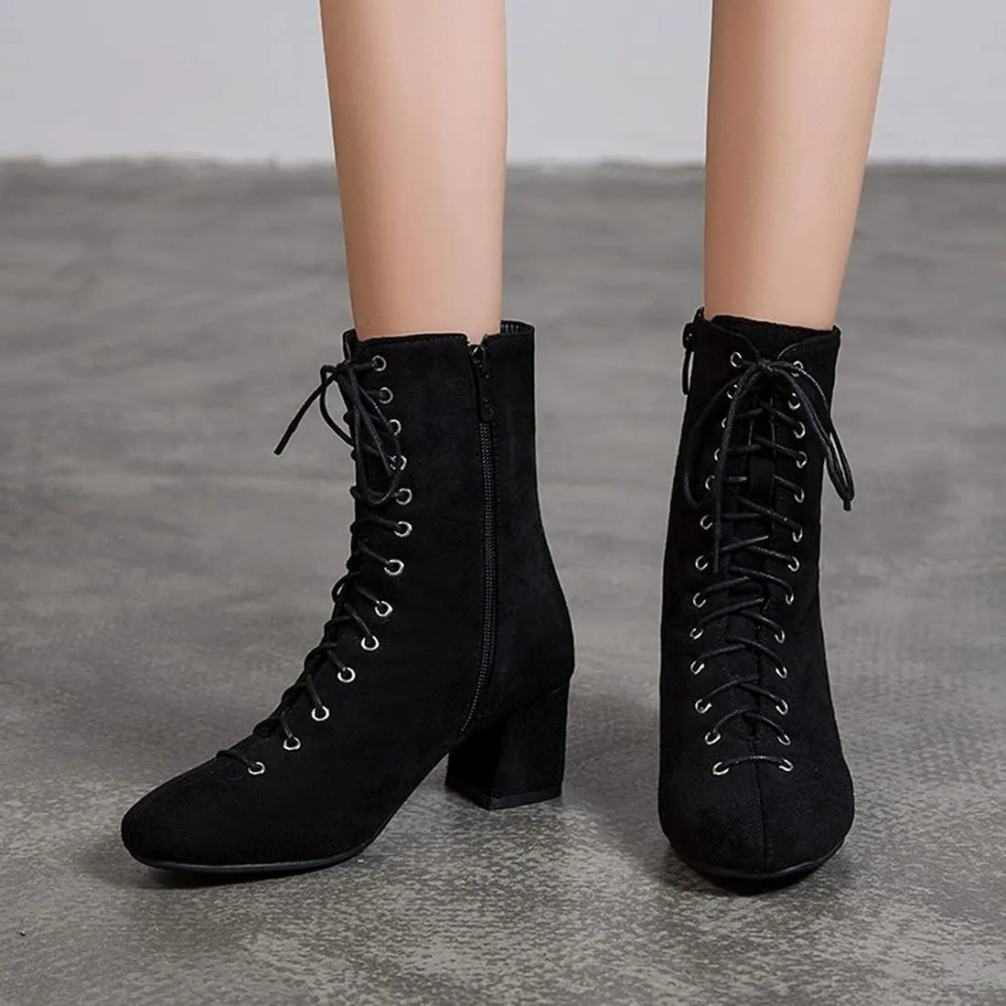 VOKLIN Women's Square Toe Lace Up Dressy Ankle Boots Side Zipper Block Mid Heel Elegant Dress Short Booties
