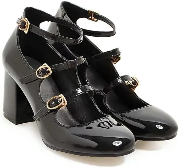 Women Elegant Ankle Strap Mary Jane Pumps Glossy Patent High Block Heels