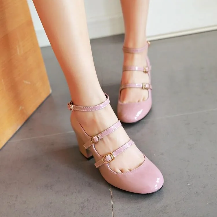 Women Elegant Ankle Strap Mary Jane Pumps Glossy Patent High Block Heels