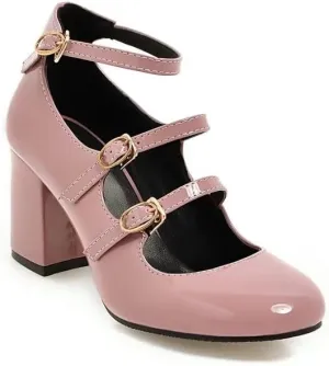 Women Elegant Ankle Strap Mary Jane Pumps Glossy Patent High Block Heels