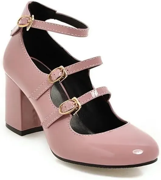 Women Elegant Ankle Strap Mary Jane Pumps Glossy Patent High Block Heels