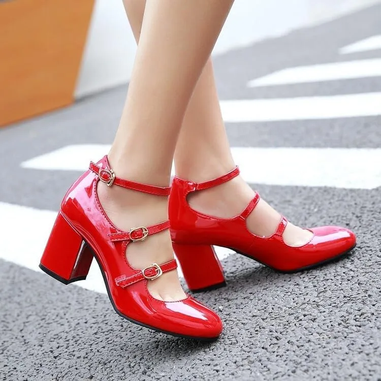 Women Elegant Ankle Strap Mary Jane Pumps Glossy Patent High Block Heels