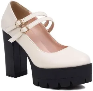 Women Elegant Platform Mary Jane Pumps Round Toe Chunky High Heels