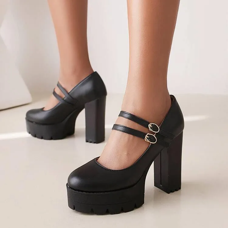 Women Elegant Platform Mary Jane Pumps Round Toe Chunky High Heels