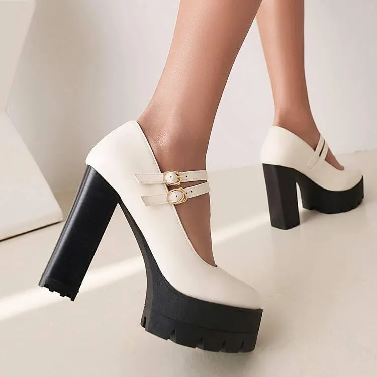 Women Elegant Platform Mary Jane Pumps Round Toe Chunky High Heels