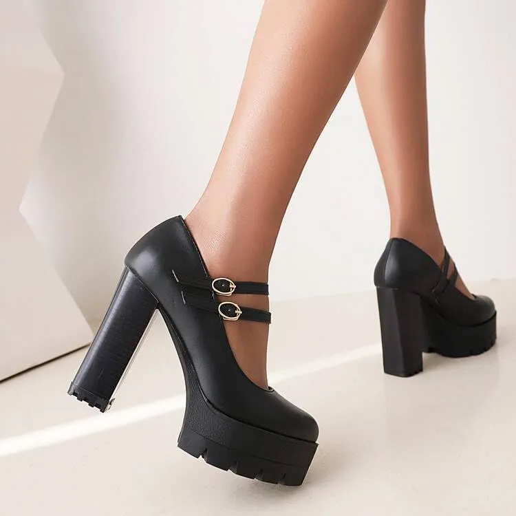 Women Elegant Platform Mary Jane Pumps Round Toe Chunky High Heels