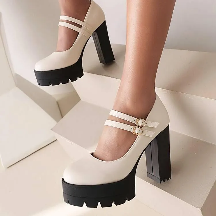 Women Elegant Platform Mary Jane Pumps Round Toe Chunky High Heels