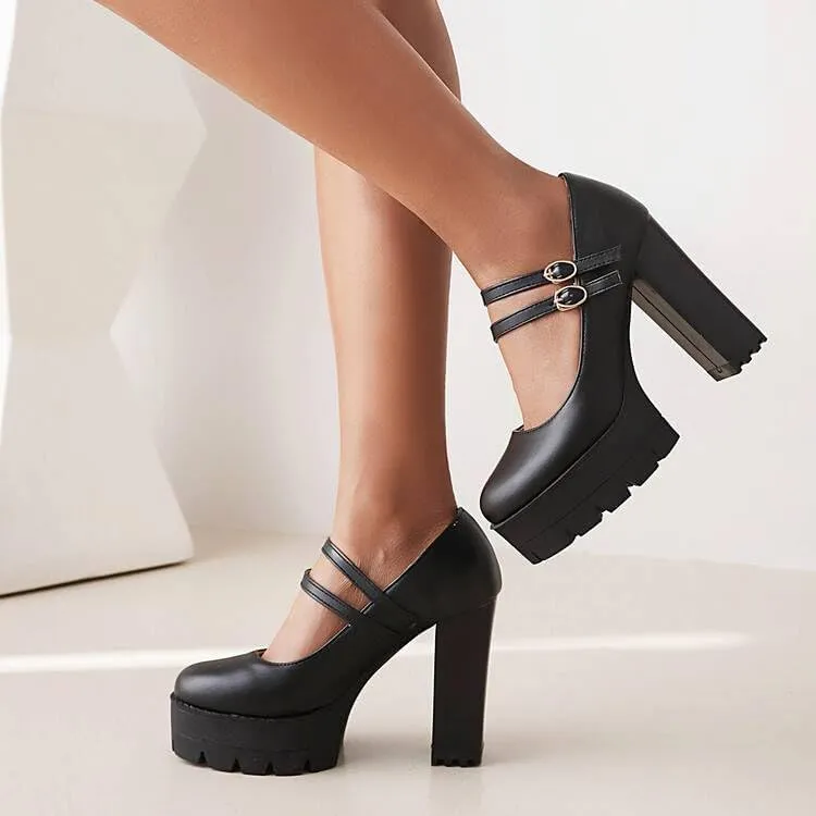 Women Elegant Platform Mary Jane Pumps Round Toe Chunky High Heels