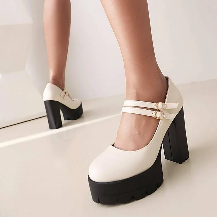 Women Elegant Platform Mary Jane Pumps Round Toe Chunky High Heels
