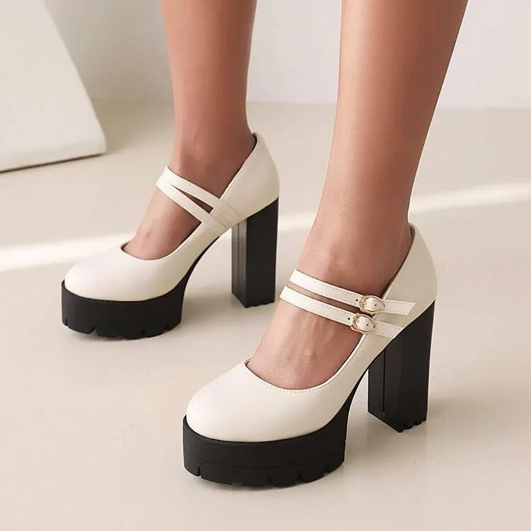 Women Elegant Platform Mary Jane Pumps Round Toe Chunky High Heels