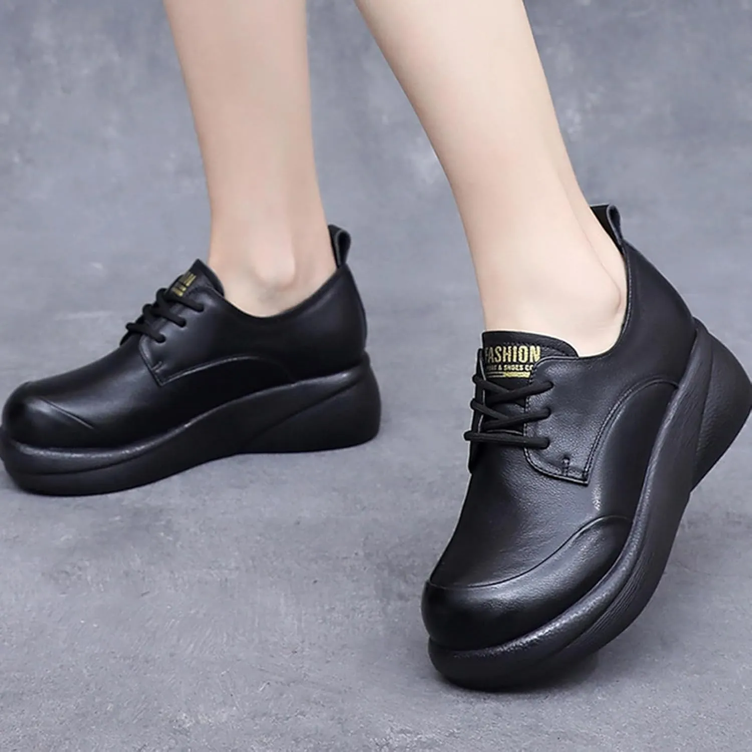 Women's Genuine Leather Platform Lace-up Loafers Fashion Round-Toe Wedge Soft Sole Oxford Shoes Comfortable Casual Business Work Office Dress Shoes