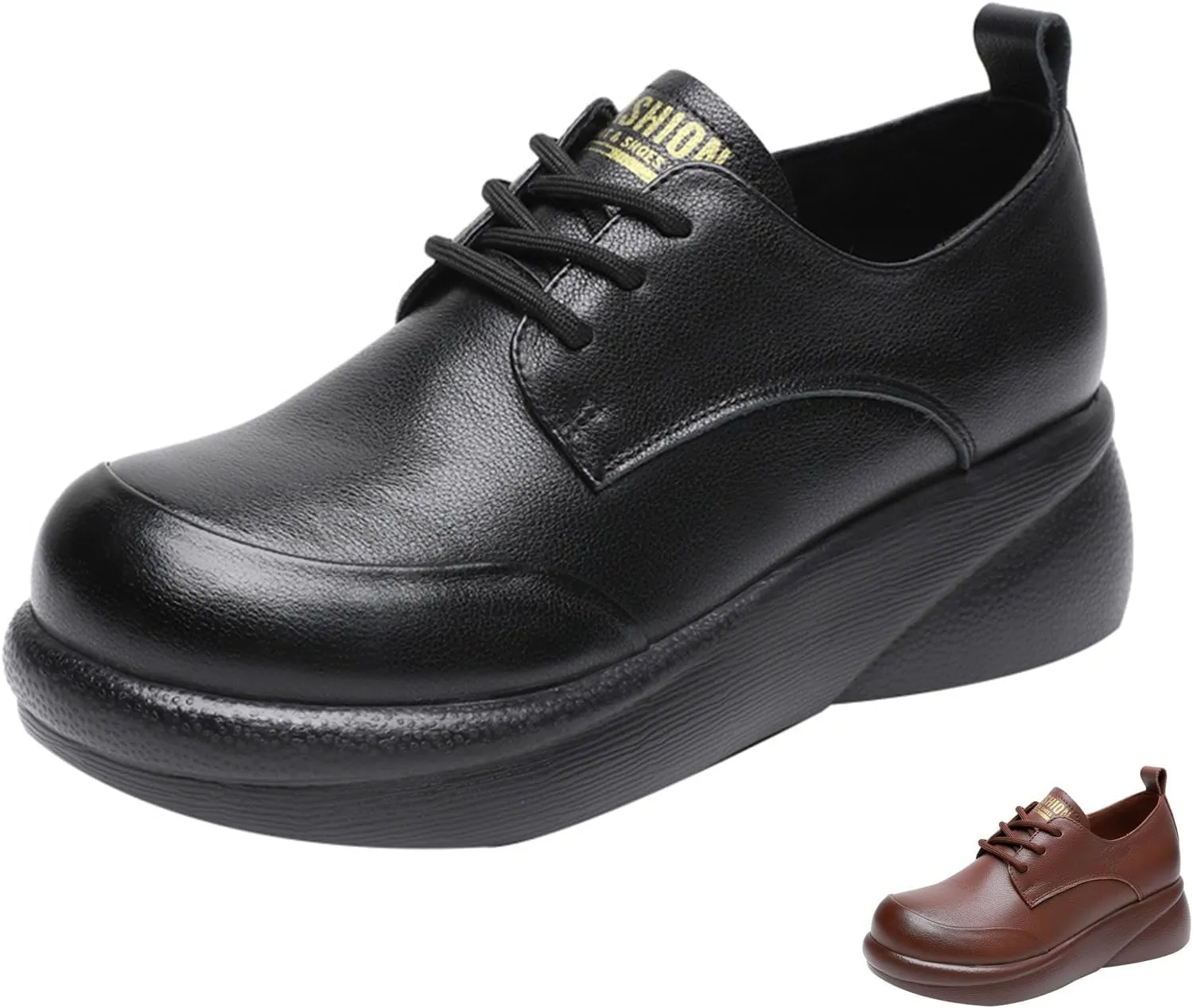 Women's Genuine Leather Platform Lace-up Loafers Fashion Round-Toe Wedge Soft Sole Oxford Shoes Comfortable Casual Business Work Office Dress Shoes
