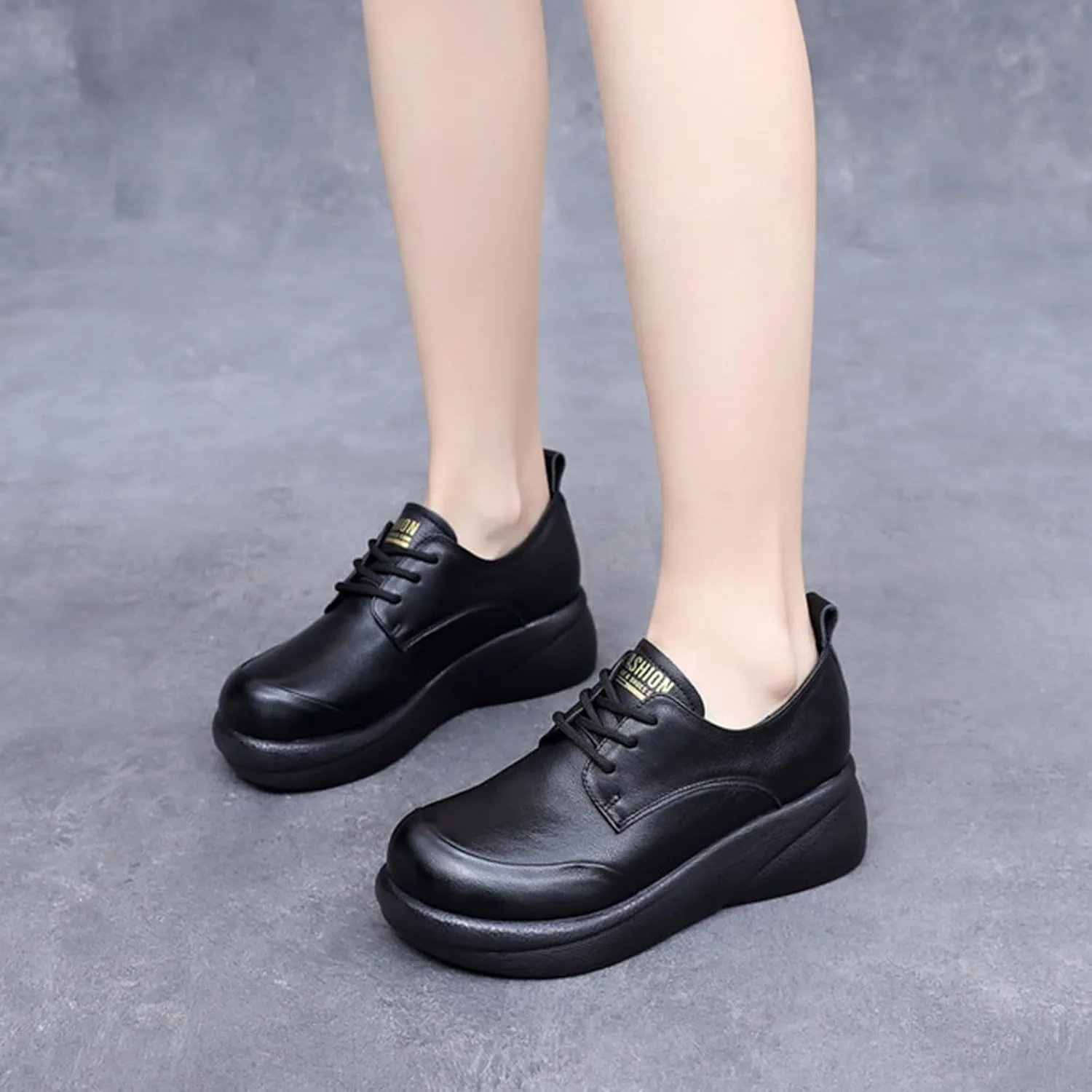 Women's Genuine Leather Platform Lace-up Loafers Fashion Round-Toe Wedge Soft Sole Oxford Shoes Comfortable Casual Business Work Office Dress Shoes