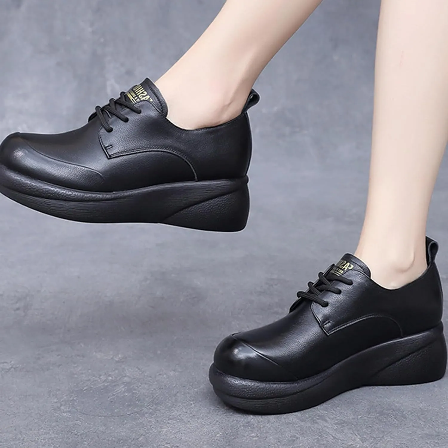 Women's Genuine Leather Platform Lace-up Loafers Fashion Round-Toe Wedge Soft Sole Oxford Shoes Comfortable Casual Business Work Office Dress Shoes