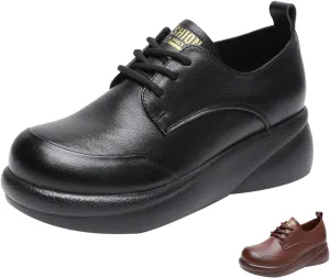 Women's Genuine Leather Platform Lace-up Loafers Fashion Round-Toe Wedge Soft Sole Oxford Shoes Comfortable Casual Business Work Office Dress Shoes
