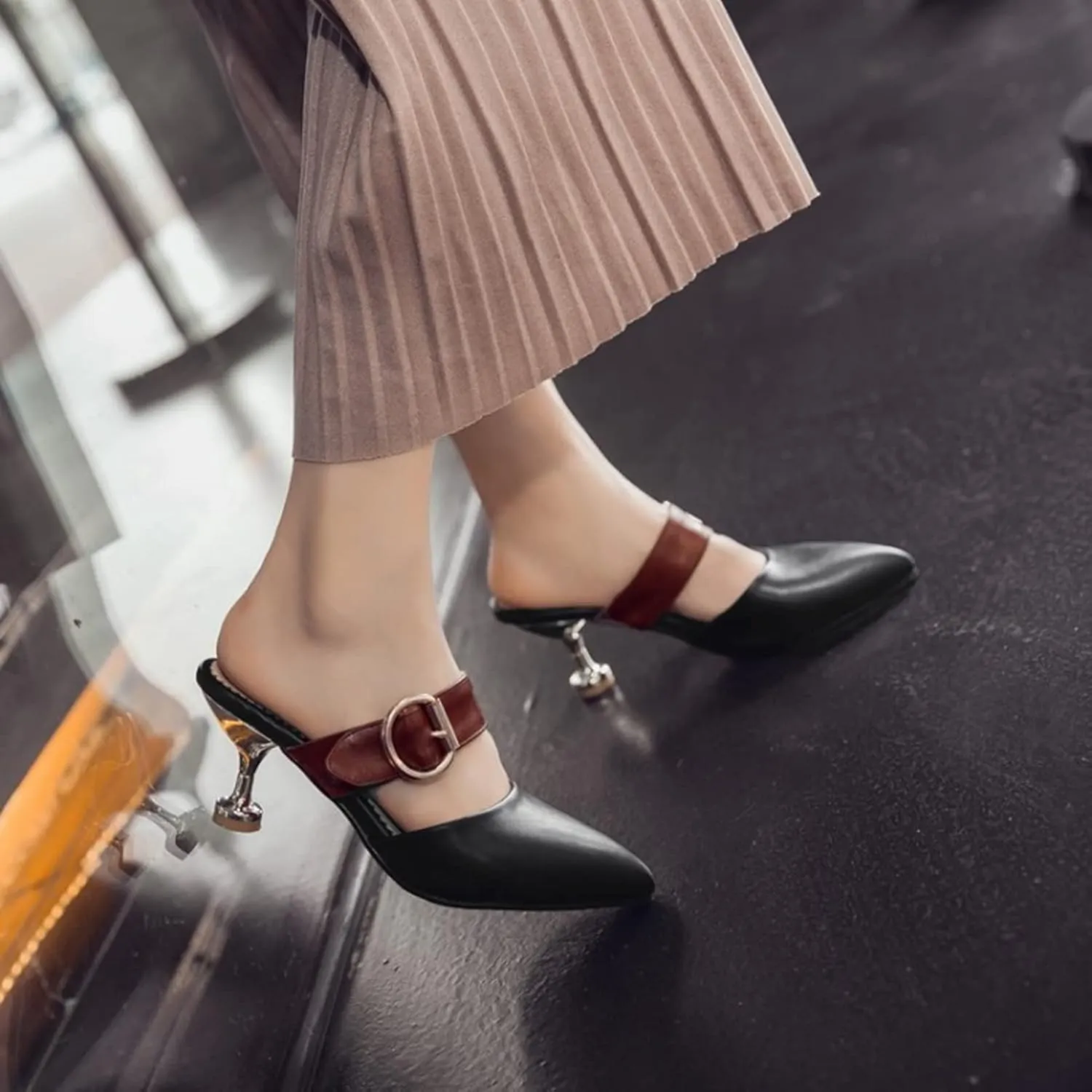 Women's Pointed Toe Stiletto Heels Mules Buckle Metallic Heeled Backless Sandals Slip On Dress Shoes