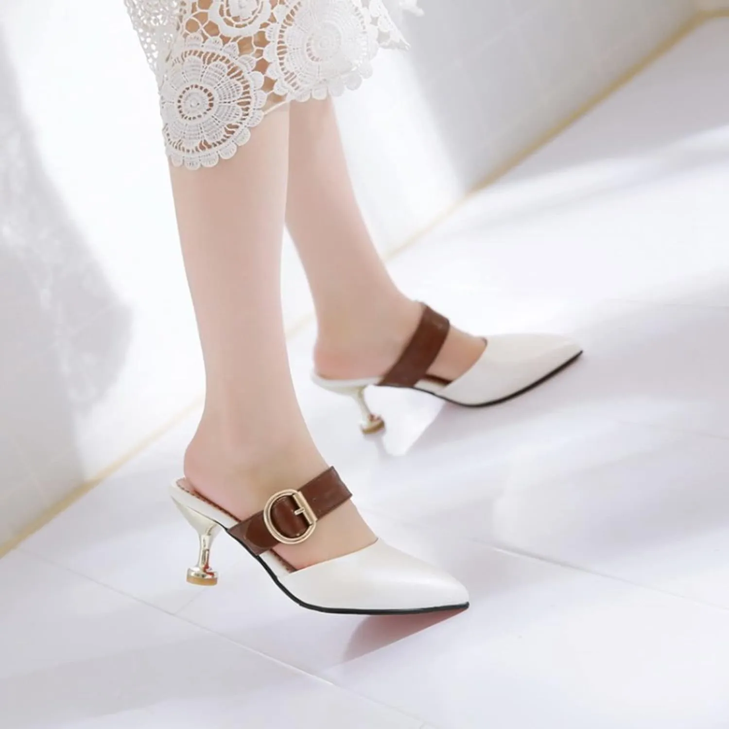Women's Pointed Toe Stiletto Heels Mules Buckle Metallic Heeled Backless Sandals Slip On Dress Shoes