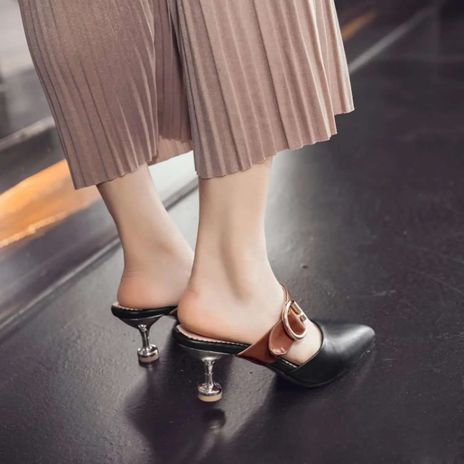 Women's Pointed Toe Stiletto Heels Mules Buckle Metallic Heeled Backless Sandals Slip On Dress Shoes