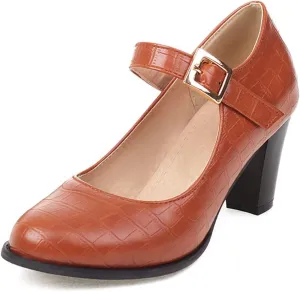 Women's Round Toe Dress Pumps Faux Leather Buckle Ankle Strap Stylish Chunky High Heel Mary Jane Shoes