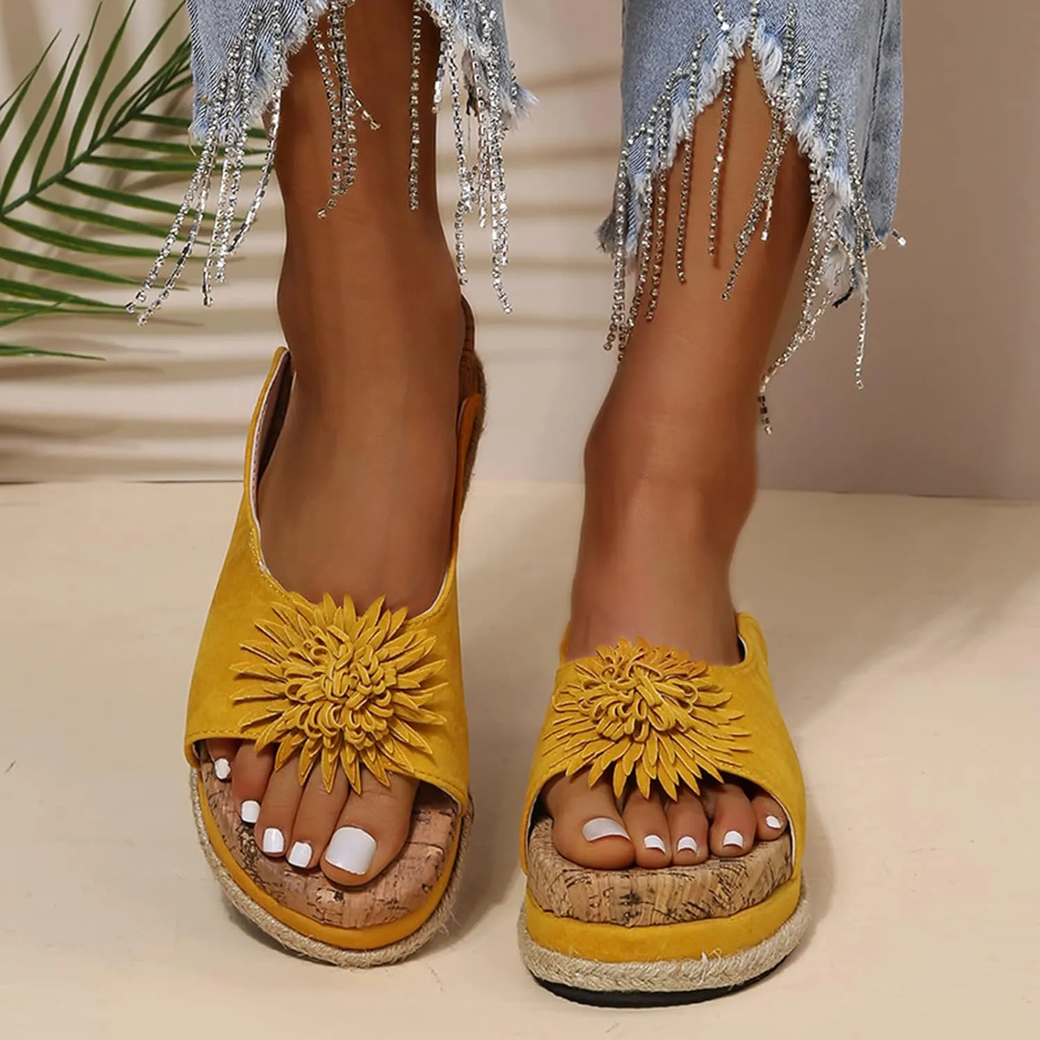 Womens Wedge Sandals Sunflower Suede Slippers Summer Comfortable Vintage Casual Beach Open Toe Slip on Mules Sandals Platform Dress Shoes,Yellow,US4/EU35