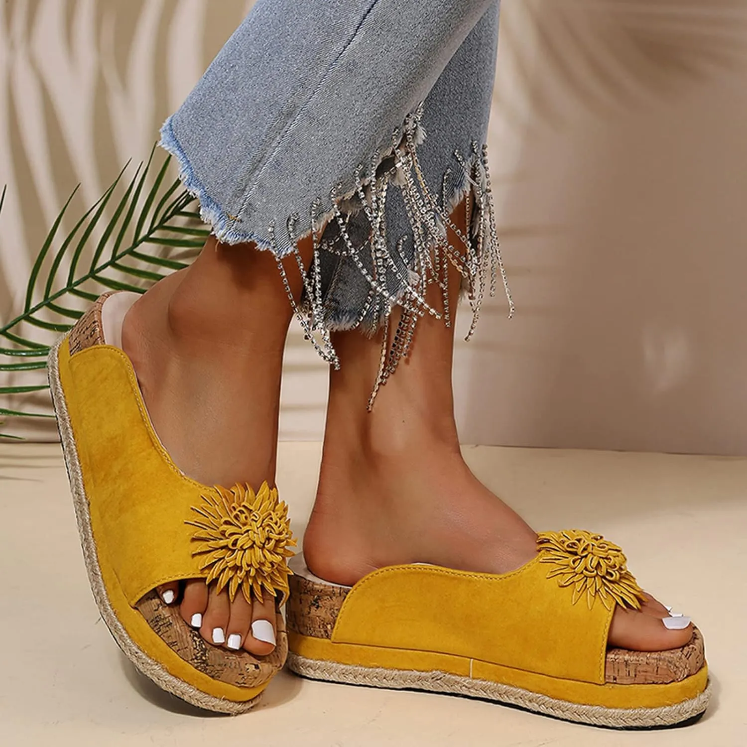 Womens Wedge Sandals Sunflower Suede Slippers Summer Comfortable Vintage Casual Beach Open Toe Slip on Mules Sandals Platform Dress Shoes,Yellow,US4/EU35