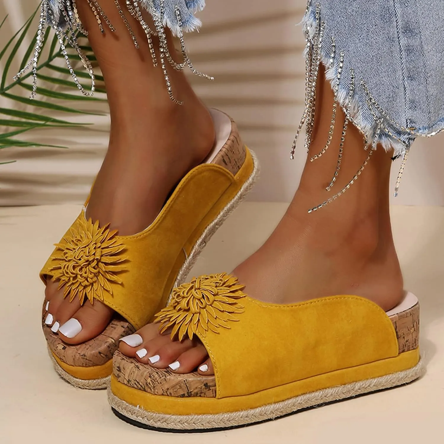 Womens Wedge Sandals Sunflower Suede Slippers Summer Comfortable Vintage Casual Beach Open Toe Slip on Mules Sandals Platform Dress Shoes,Yellow,US4/EU35