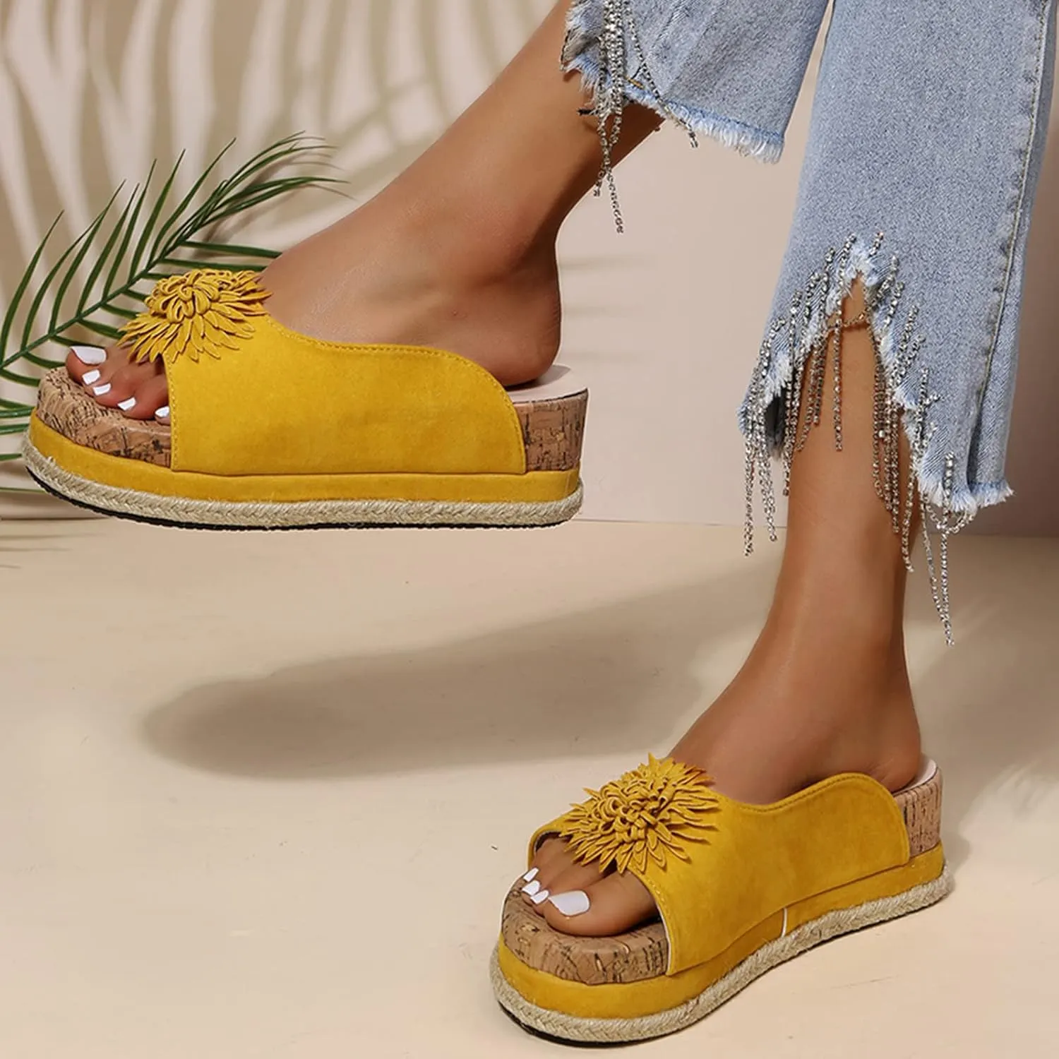 Womens Wedge Sandals Sunflower Suede Slippers Summer Comfortable Vintage Casual Beach Open Toe Slip on Mules Sandals Platform Dress Shoes,Yellow,US4/EU35