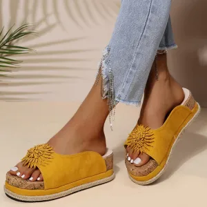 Womens Wedge Sandals Sunflower Suede Slippers Summer Comfortable Vintage Casual Beach Open Toe Slip on Mules Sandals Platform Dress Shoes,Yellow,US4/EU35