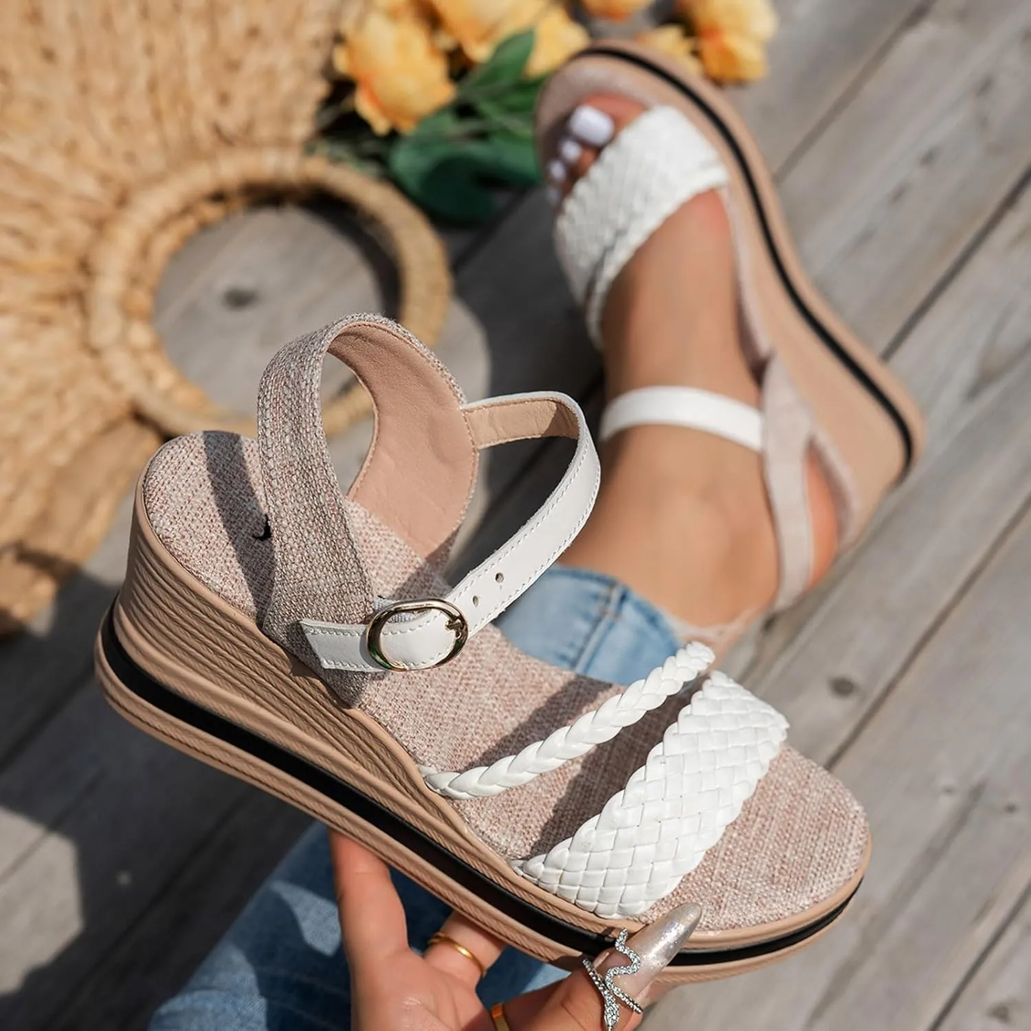 ZSpzx Platform Sandals for Women Dressy Summer 2025,Womens Orthopedic Backless Comfortable Sandal with Adjustable Ankle Strap Arch Support Dress Shoes Slip On Low Wedge Sandalias for Outdoor Indoor